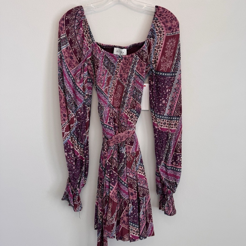 NWT Aura Shop Red Dress XS Purple Boho Patchwork Smocked Long Sleeve Mini Dress - Picture 3 of 14